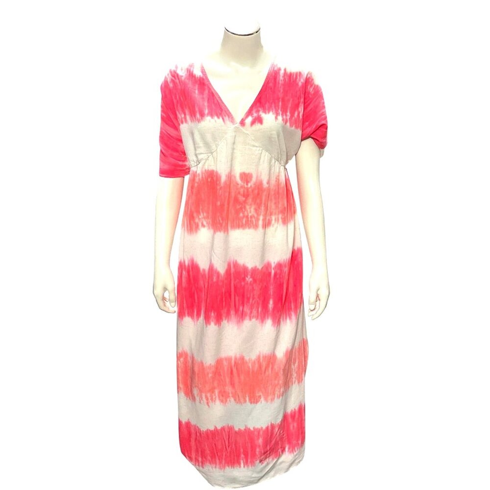 CCC Tie Dye Maxi Dress V Neck Short Sleeve Trendy Red White Stripes Cotton Hippi